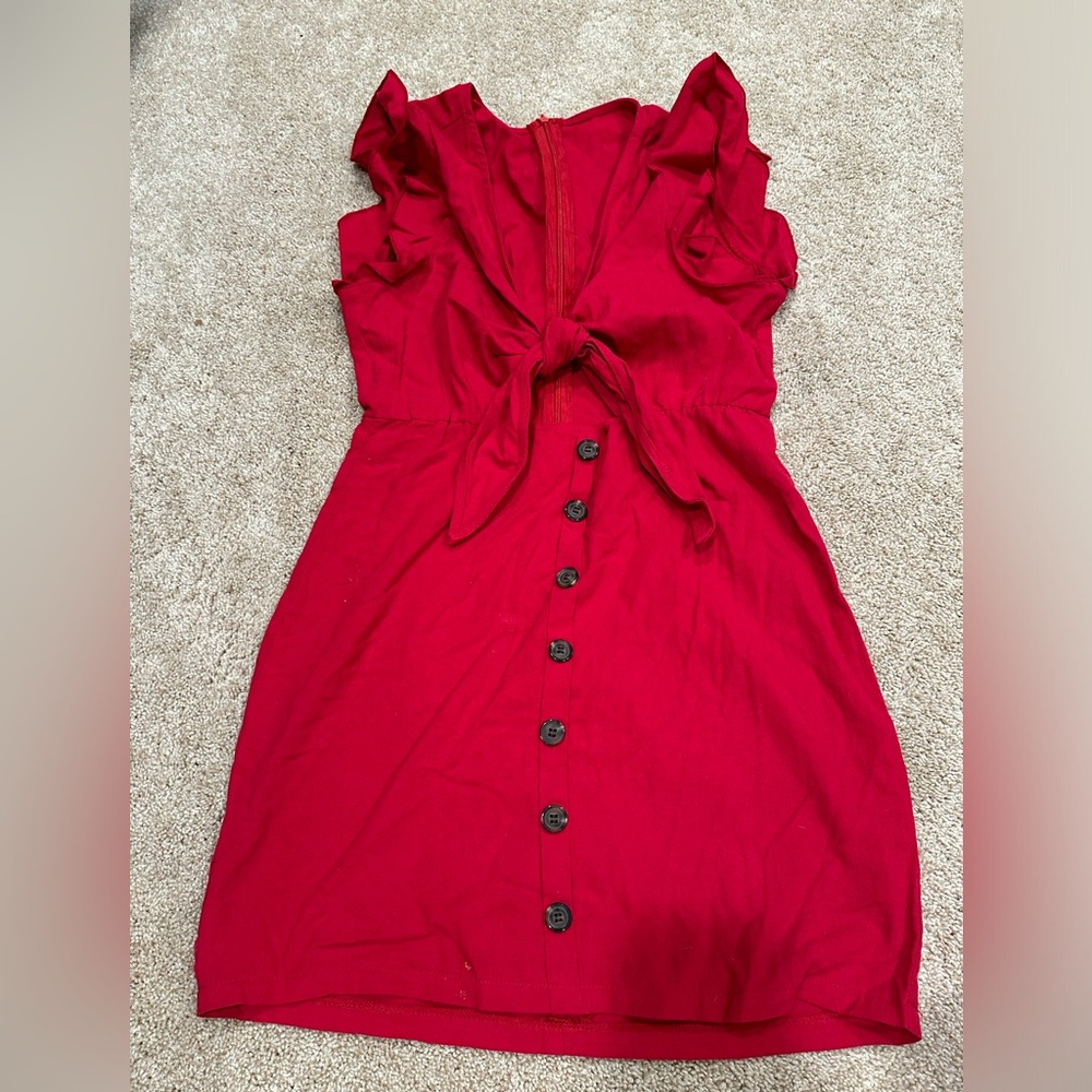 Red Mini dress with front ties, ruffle sleeves, and buttons